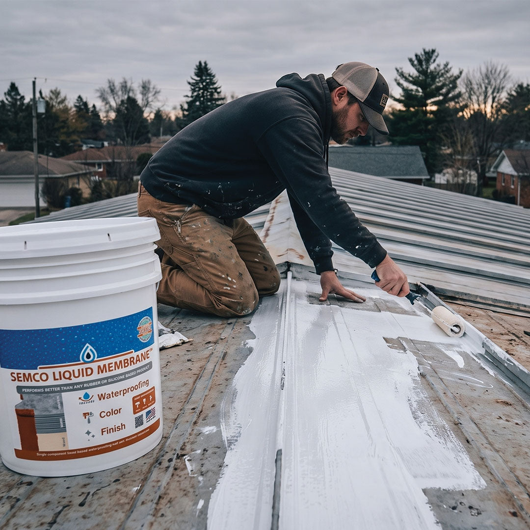 DIYer applying SEMCO Liquid Membrane waterproofing coating along the seams of a residential metal roof
