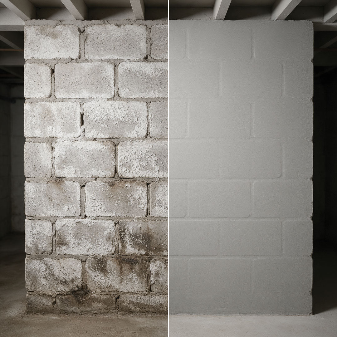 Before and after of a basement block wall — left damp and water-stained, right sealed dry with grey membrane