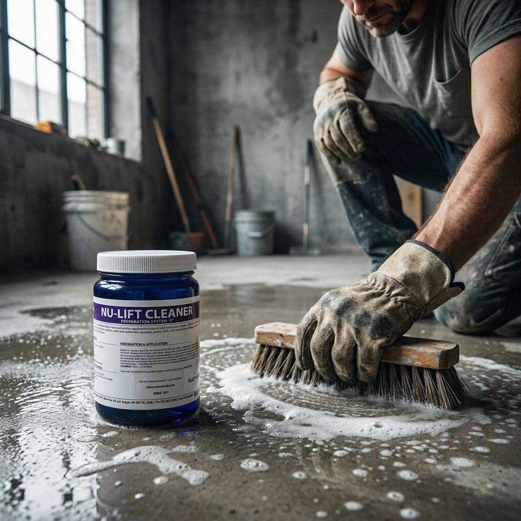 DIYer scrubbing a concrete surface with SEMCO Nu-Lift Cleaner before waterproofing
