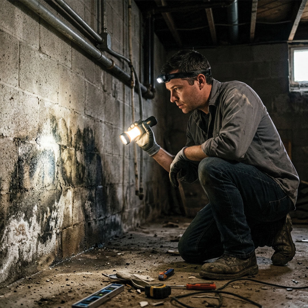 Homeowner inspecting a basement concrete wall with a flashlight for mold and moisture staining near the floor to wall joint
