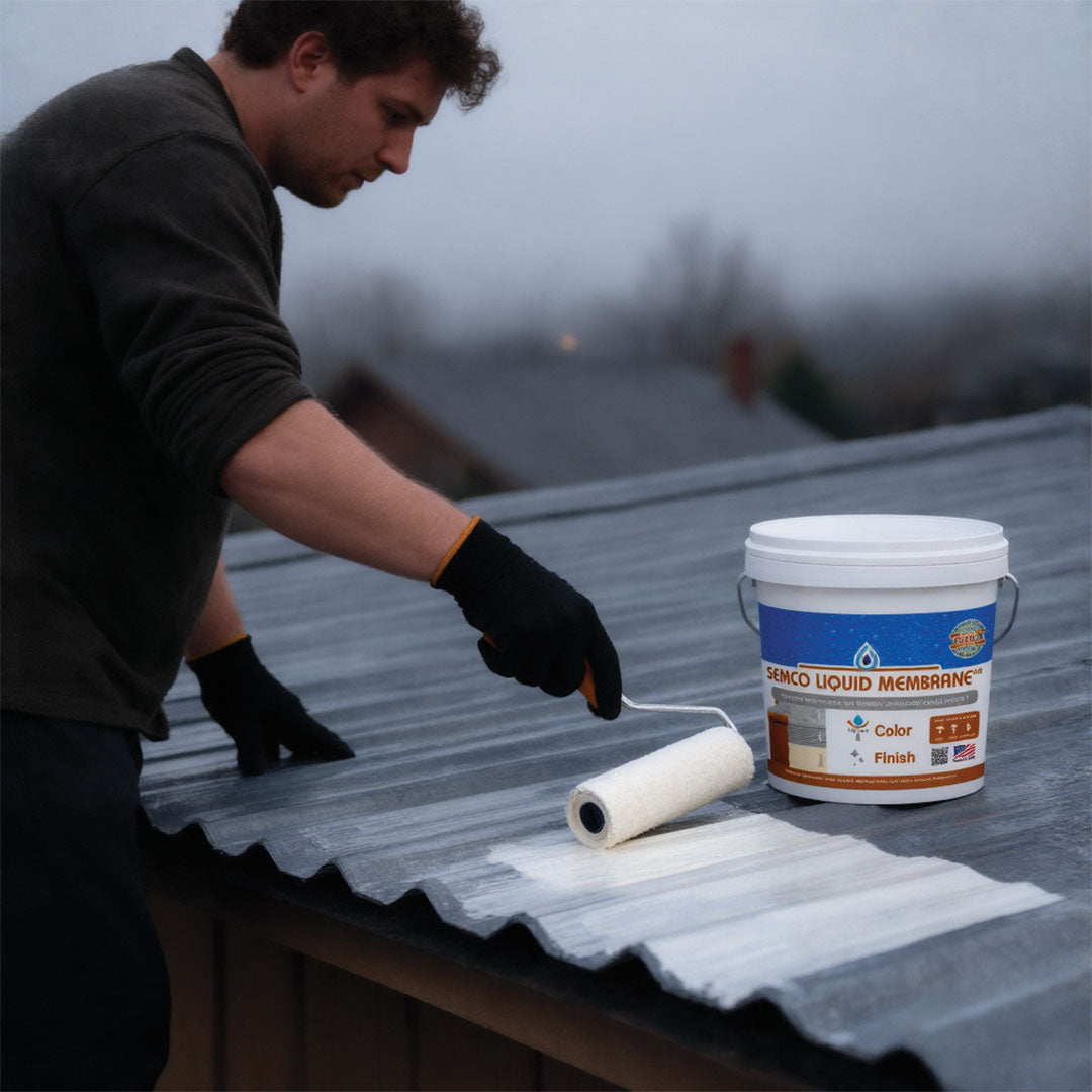 DIYer rolling SEMCO Liquid Membrane along a metal roof seam to stop a leak