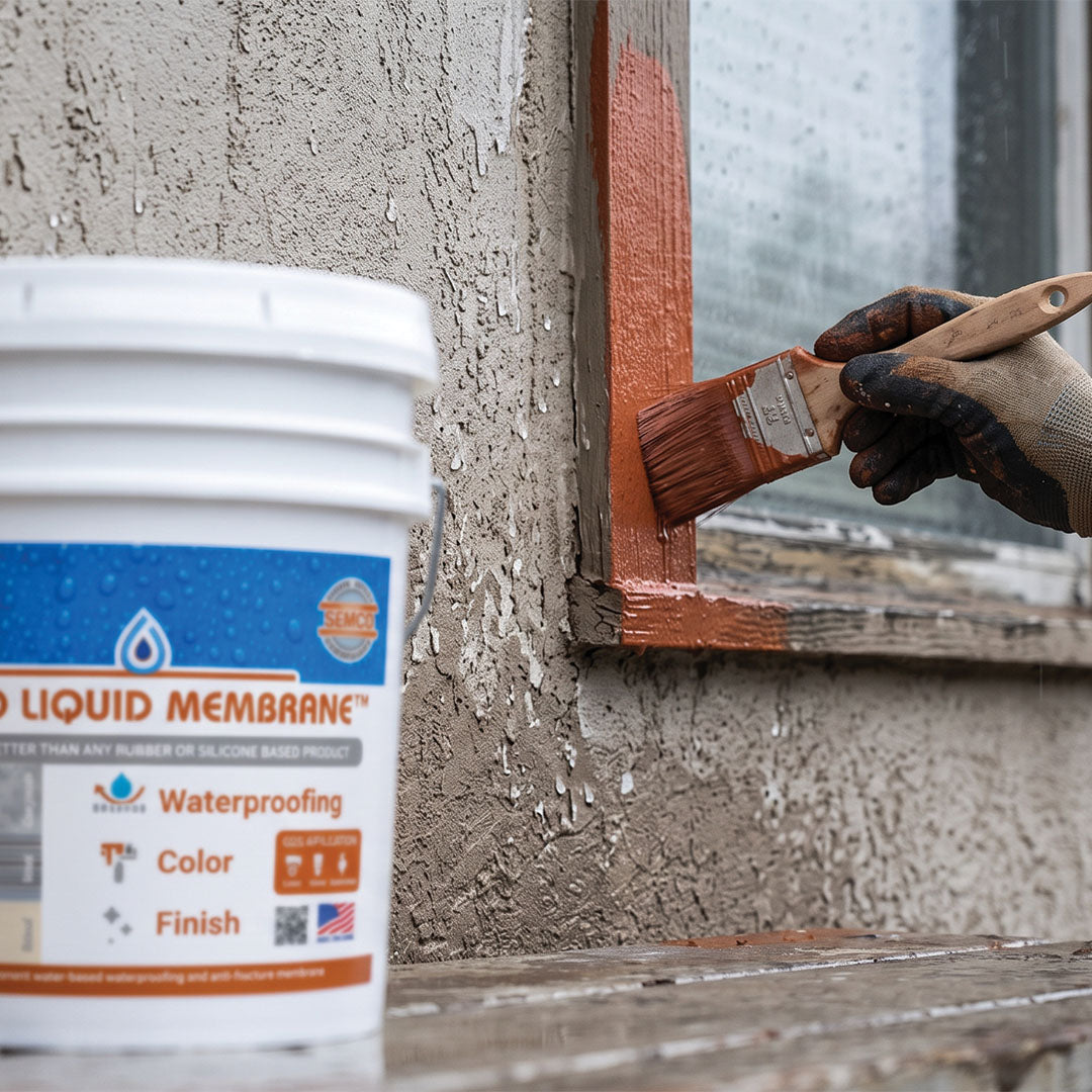 DIYer applying SEMCO Liquid Membrane around an exterior window frame to stop a rain leak