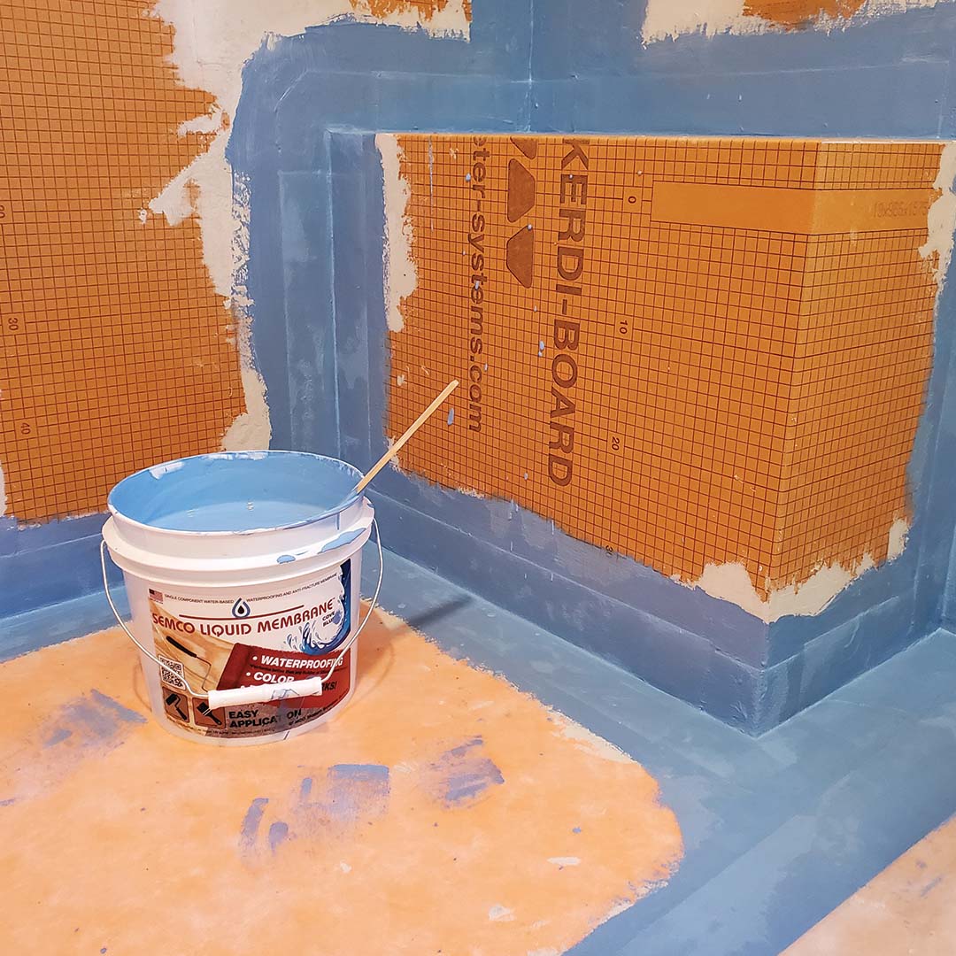 SEMCO Liquid Membrane rolled onto shower walls before tiling