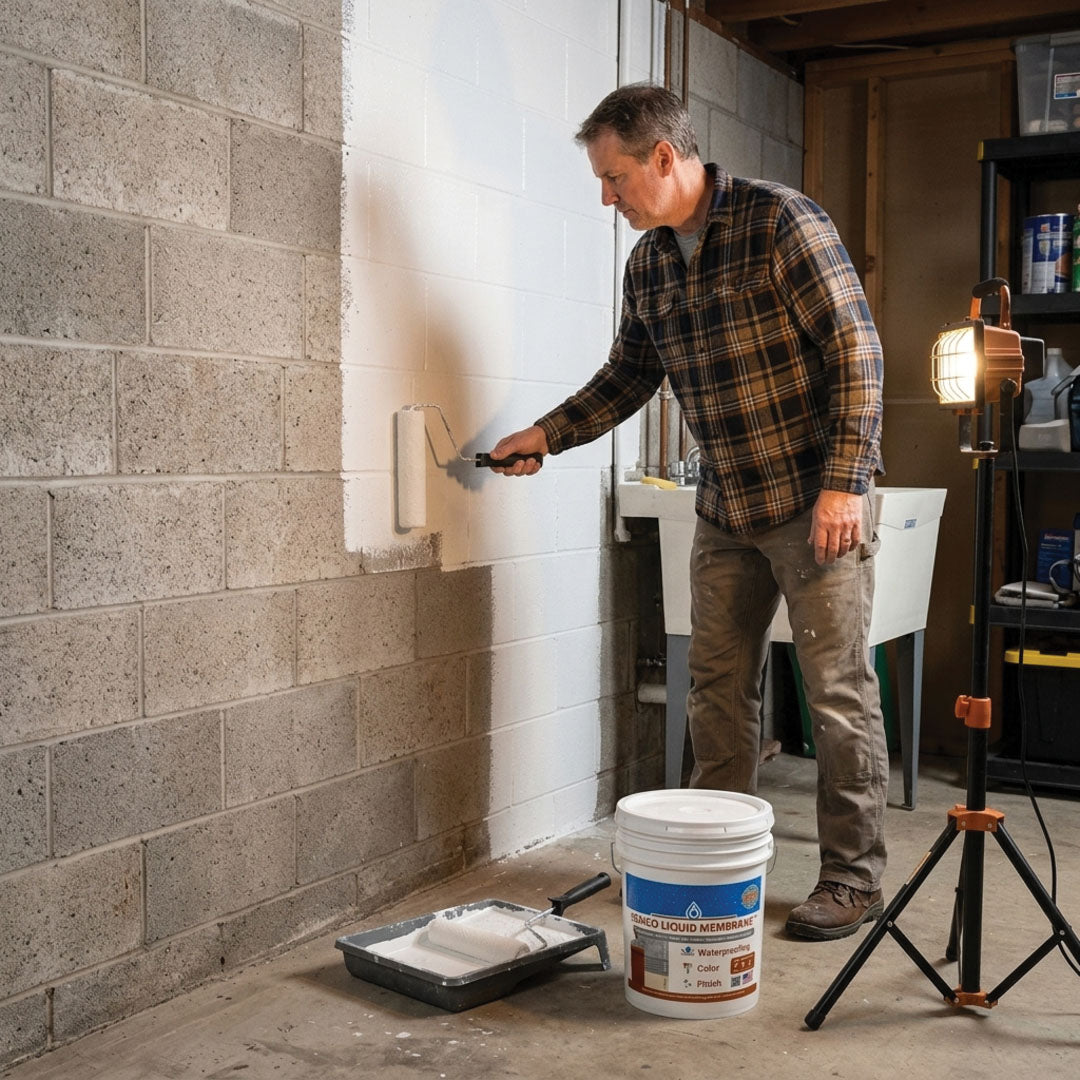 omeowner in a flannel shirt rolling white SEMCO Liquid Membrane waterproofing onto a basement block wall