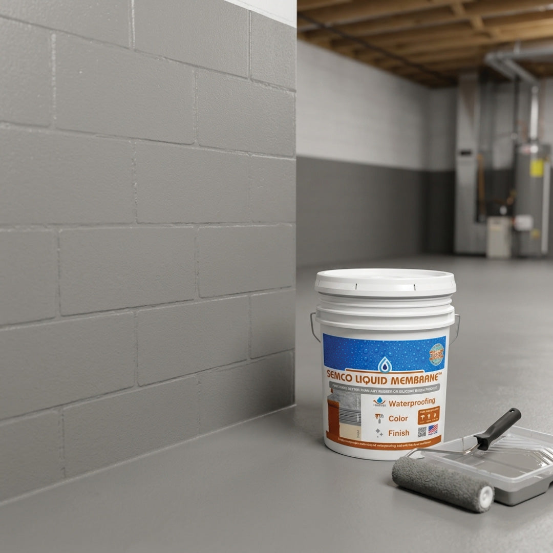 Basement cinder block wall waterproofed with grey SEMCO Liquid Membrane, product pail and roller on the floo