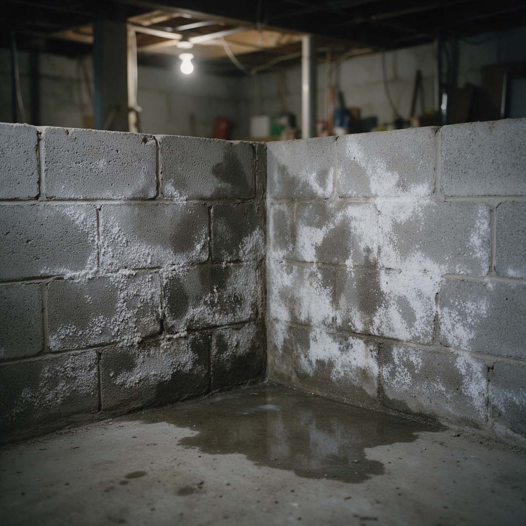 Damp basement cinder block wall with white efflorescence, dark water stains, and a puddle on the concrete floor