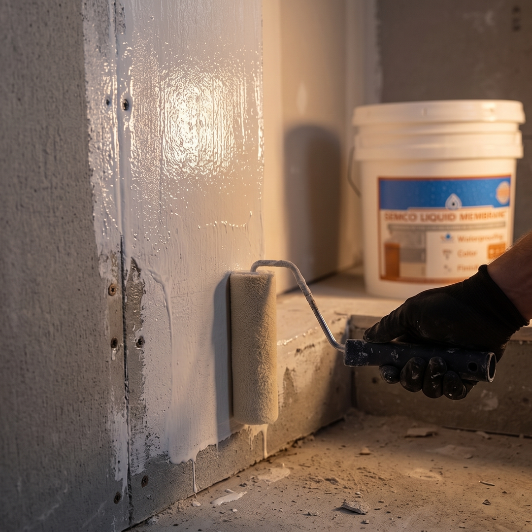 DIYer rolling SEMCO Liquid Membrane over taped drywall seams in an unfinished basement