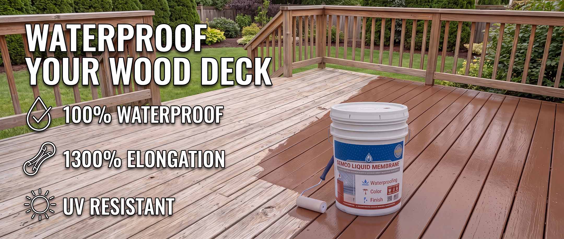 Wood deck waterproofing membrane applied to an exterior deck before fall rains